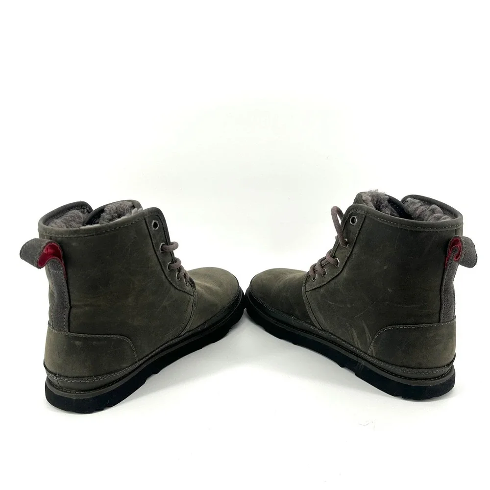 UGG Men's 7 Harkley Waterproof Leather Greenish‎ Gray Lace Up Boots Shearling